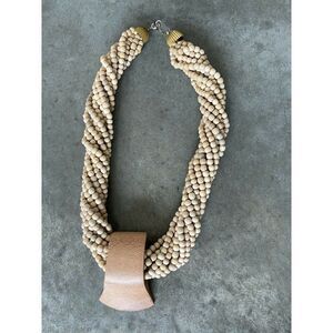 Handmade Beige Coil Wooden Wood Collar Beaded Necklace